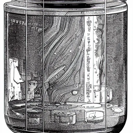 Prompt: a whole civilisation developed inside a jar. Highky detailed illustration Moebius