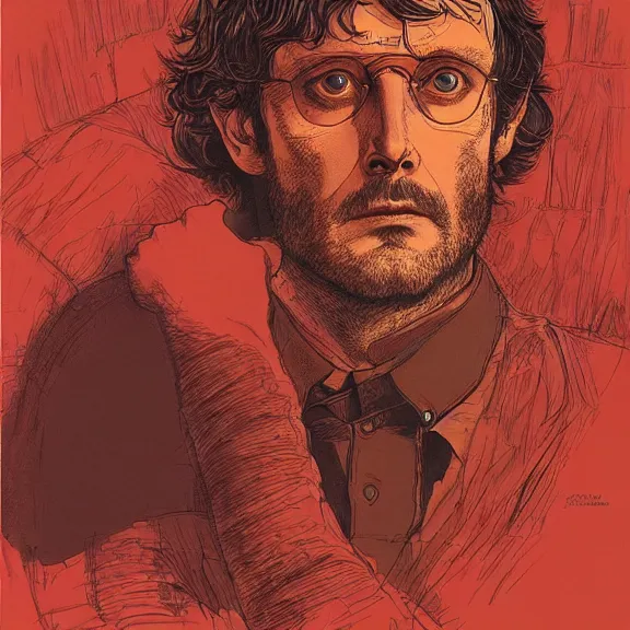 Prompt: will graham, hannibal, red, dark, by jean giraud, golden ratio, environment, hyper detail, concept artbook