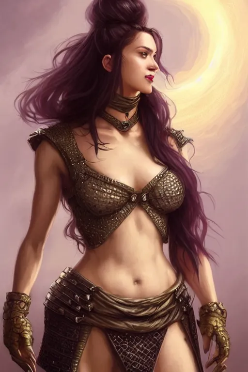 Image similar to Portrait of seductive female fighter, D&D, revealing stylish dress like chainmail, choker on neck, very long flowing hair, mouth slightly open, cute slightly nerdy smile, fantasy, intricate, elegant, stylish, highly detailed, digital painting, artstation, concept art, smooth, sharp focus, illustration, art by artgerm and greg rutkowski and alphonse mucha