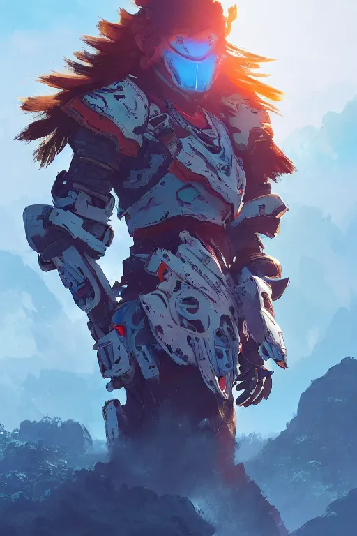 Image similar to combination suit armor aloy horizon forbidden west horizon zero dawn radiating a glowing aura global illumination ray tracing hdr fanart arstation by ian pesty and alena aenami artworks in 4 k tribal robot ninja mask helmet backpack