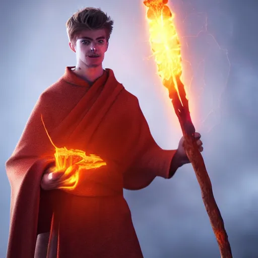 Prompt: Patrick Bamford wearing monks outfit holding a glowing fire magical staff. Trending on Artstation, octane render, ultra detailed, art by Ross tran