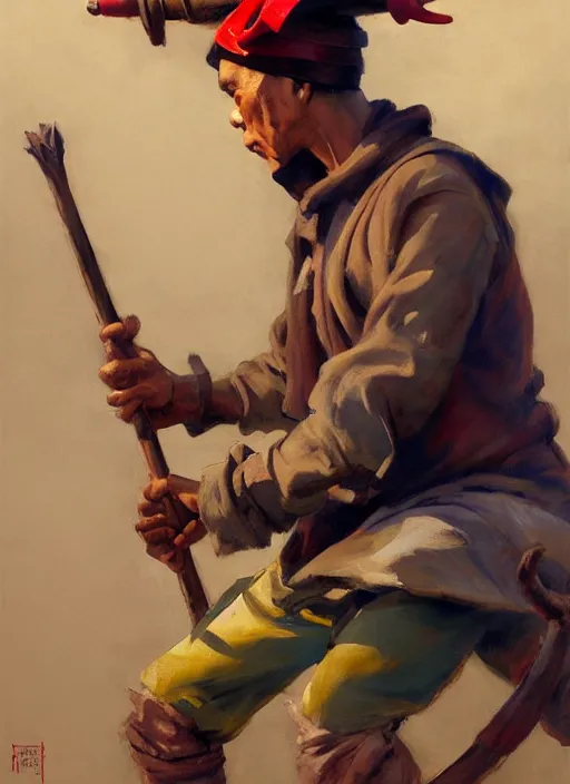 Image similar to greg manchess side portrait of a filipino fighter wearing a jester hat sitting on a tank holding a staff, organic painting, sunny day, matte painting, bold shapes, hard edges, street art, trending on artstation, by huang guangjian, gil elvgren, ruan jia, randy vargas, greg rutkowski