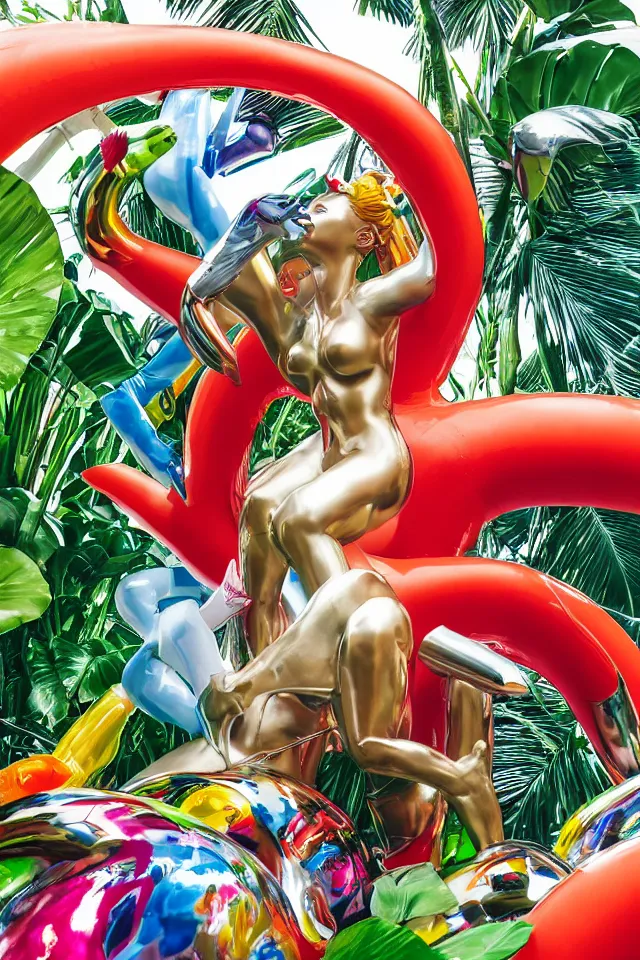 Image similar to an extreme close - up of a statue chrome cyborg lycra nymph battling a giant inflatable flamingo pool float, tropical flowers and monstera plants, explosions thick smoke, by jeff koons, hajime soryama, boris vallejo, artgerm, greg rutkowski, alphonse mucha