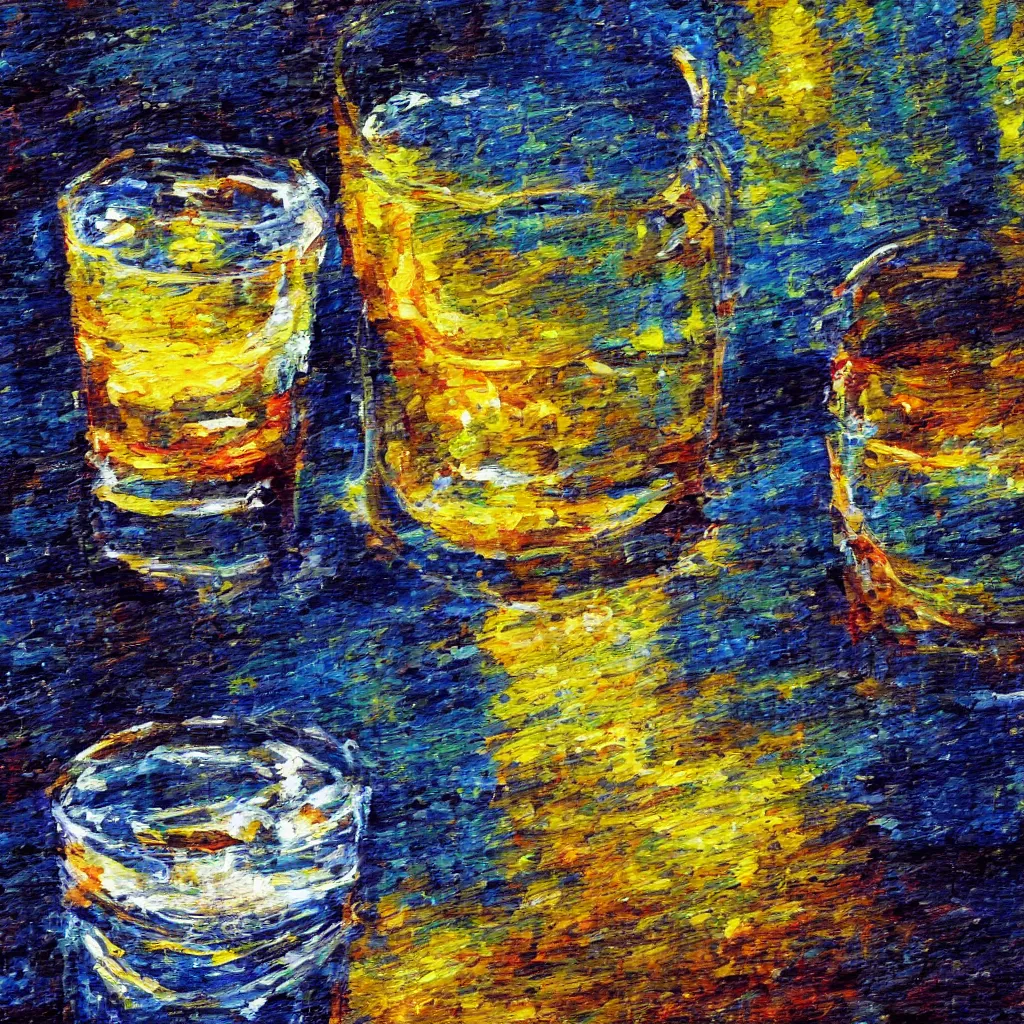 full glass of water in a dark room painted in thick Stable Diffusion