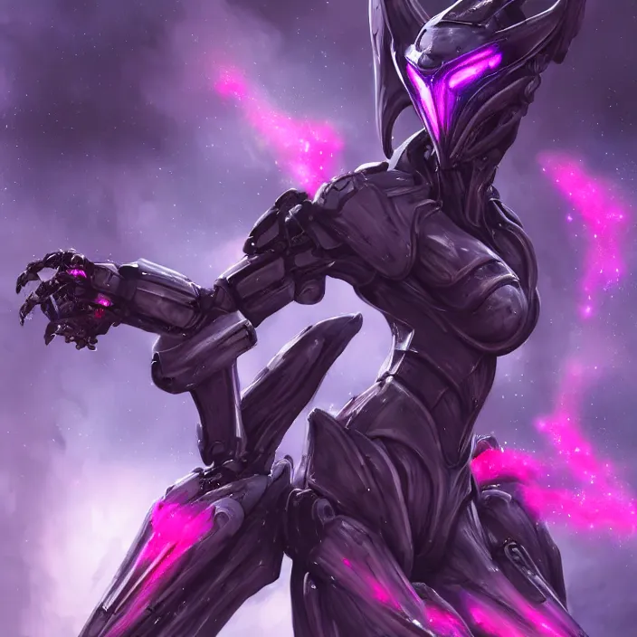 Prompt: cinematic shot, bust, cosmic sized perfectly proportioned stunning hot female warframe, anthropomorphic robot mecha female dragon, dragon head, silver, fuschia leds, floating in empty space, nebula sized, holding a galaxy, epic proportions, epic size, epic scale, furry art, dragon art, giantess art, warframe fanart, furaffinity, deviantart