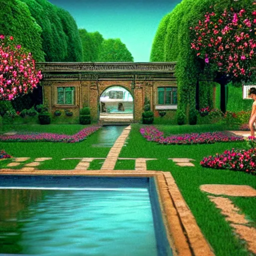 Prompt: hyperrealism photography computer simulation visualisation of parallel unreal universe detailed old bath in the detailed ukrainian village garden in dramatic scene from movie the big lebowski ( 1 9 9 8 )