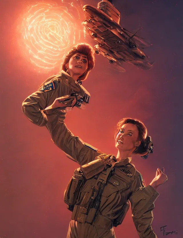 Image similar to a brown - haired woman in a military uniform hovering in the air glowing with red light and crackling energy, by frank fazetta and moebius, trending on artstation, digital art, 4 k resolution, detailed, high quality, sharp focus, hq artwork, coherent, insane detail, concept art, character concept, character full body portrait