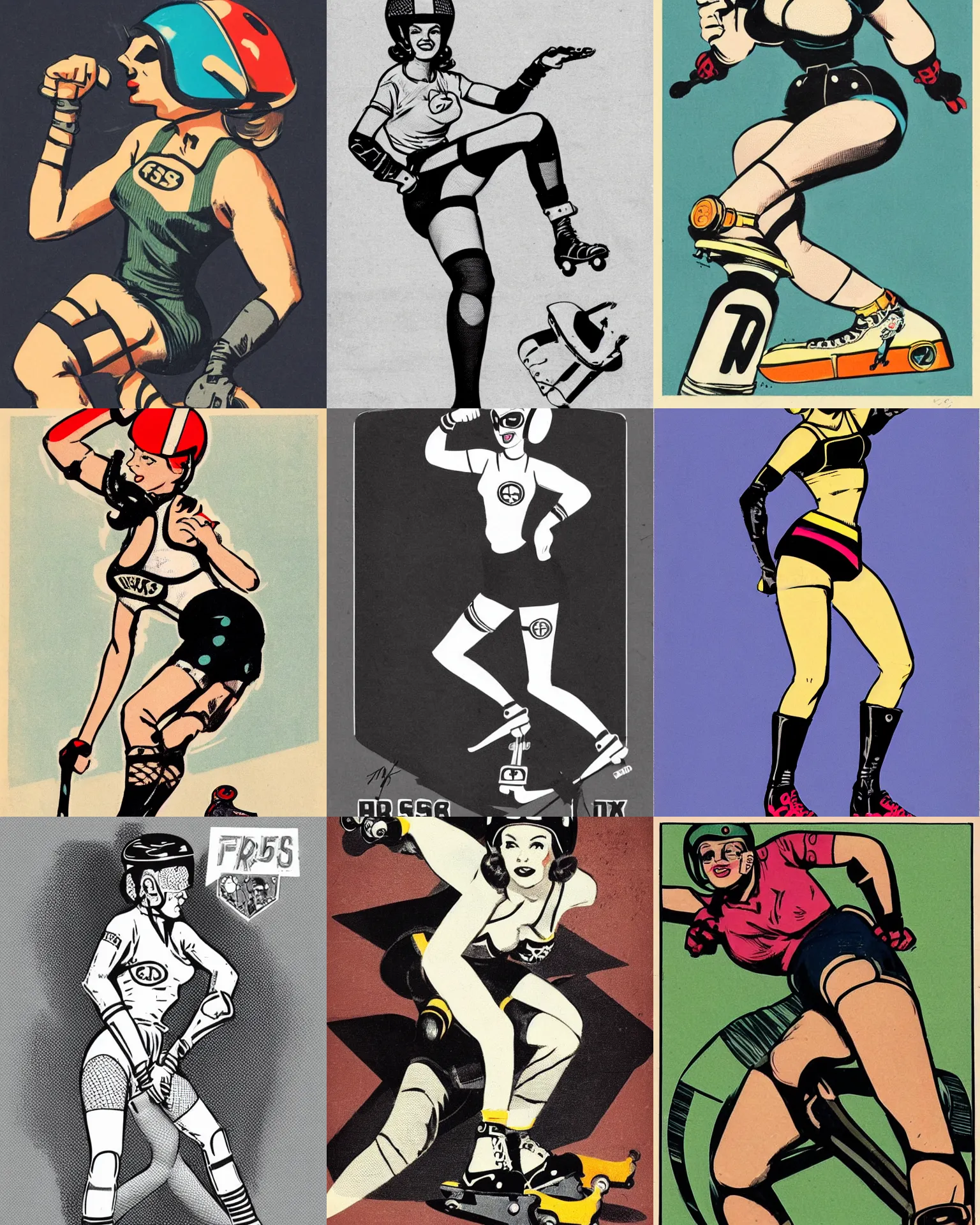 Image similar to 1950s logo of a roller derby girl doing Cross-Over, wearing skate helmet, knee pads, elbow pads, fishnet tights, showing off biceps, illustration by greg rutkowski and mcbess, 1950s