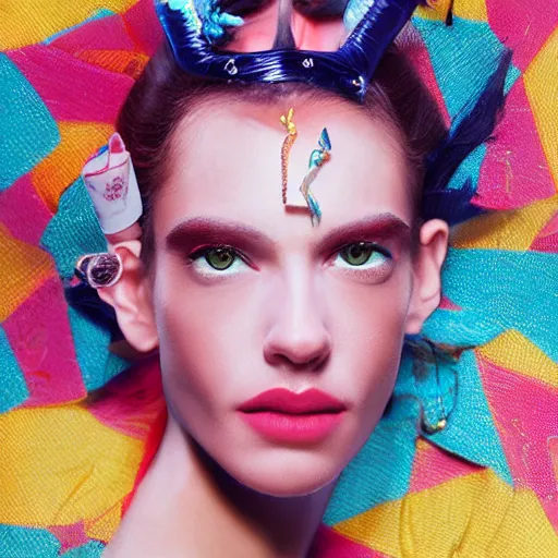 Prompt: a detailed studio closeup portrait of a fashion model. surreal photograph, lo - fi, polished look, silly and serious, hermes ad, fashion photography, toiletpaper magazine by pierpaolo ferrari and maurizio cattelan, 3 5 mm photograph, colourful, david lachapelle, canon eos c 3 0 0, f 4. 6, 8 k, medium - format print