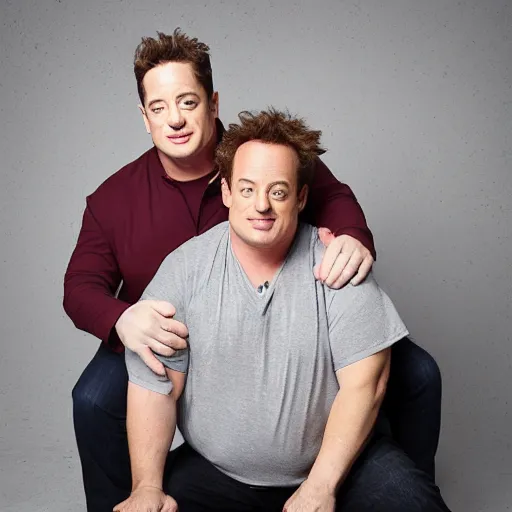 Prompt: studio portrait of heavyset brendan fraser back to back with retiree pauly shore