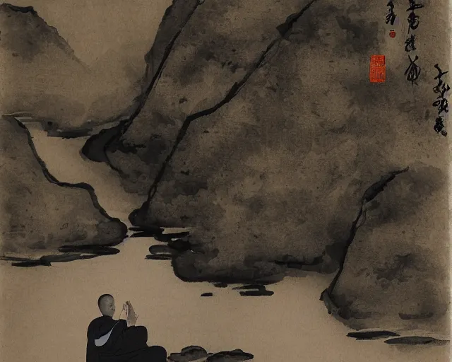 Image similar to zen monk meditating by a river, chinese landscape, traditional chinese ink painting,