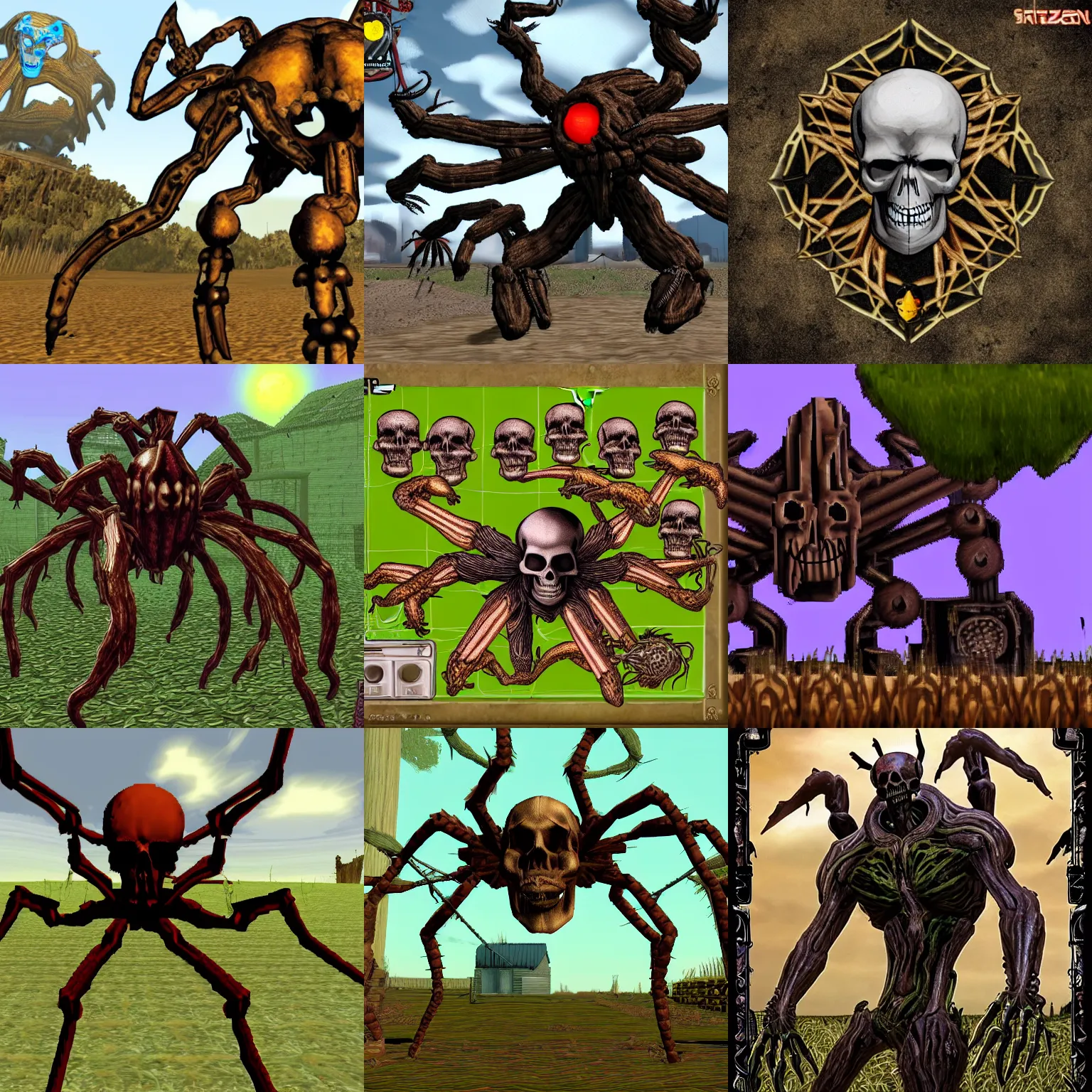 Prompt: skull spider titan, at the farm, playstation 2