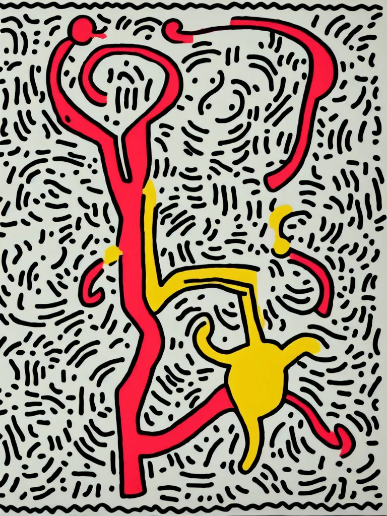 Image similar to minimal acorn that turns into a tree in the shape of a treble clef, a big rip down the middle, splashes of color, inspirational and powerful, clear high resolution acorn and tree, keith haring