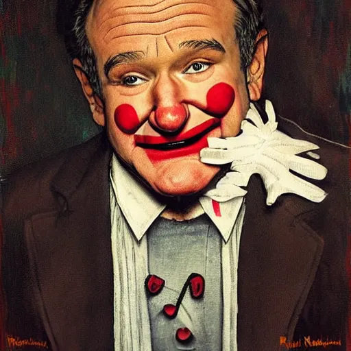 Image similar to Robin Williams as a sad clown painted by Norman Rockwell