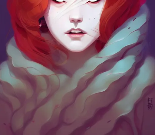 Image similar to beautiful artistic - wave highly detailed portrait female, with kitsune mask, long red hair, by atey ghailan, by greg rutkowski, by greg tocchini, by james gilleard, by joe fenton, by kaethe butcher, dynamic lighting, gradient light blue, brown, blonde cream and white color scheme, grunge aesthetic