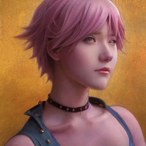 Prompt: VI from League of Legends with short pink hair drawn by Donato Giancola and Makoto Shinkai, Edmund Leighton, Alphonse Mucha, background by James Jean and Gustav Klimt, 4k, Arcane animated Series, porcelain skin, volumetric lighting, komorebi, french nouveau, trending on artstation, octane render, hyperrealistic