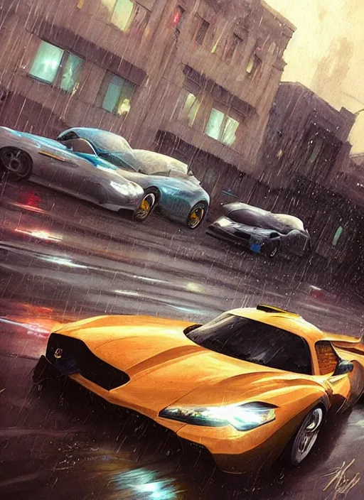 Prompt: raindrops turning into cars racing down a windows painting by artgerm and greg rutkowski and magali villanueve.