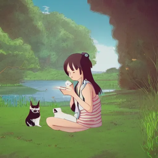 Prompt: girl sitting by the lake with her cat, sunshine, studio ghibli, trending on artstation