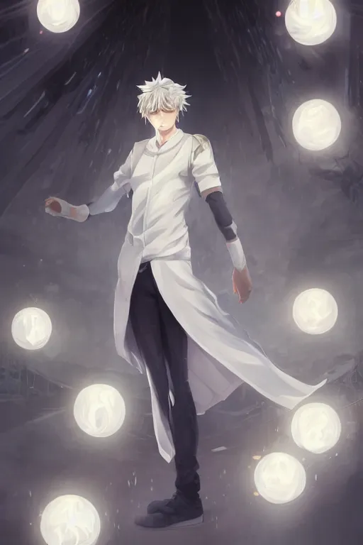 Prompt: anime teen guy with short wavy white hair wearing white formal attire surrounded by light orbs, moody, wlop, concept art, digital painting, trending on artstation, highly detailed, epic composition, 8 k uhd