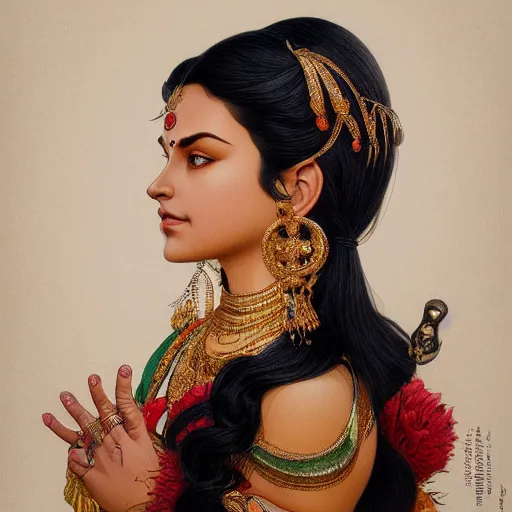 Image similar to Portrait of an hindu goddess with platinum black hair, western, D&D, fantasy, intricate, elegant, highly detailed, digital painting, artstation, concept art, matte, sharp focus, illustration, art by Artgerm and Greg Rutkowski and Alphonse Mucha