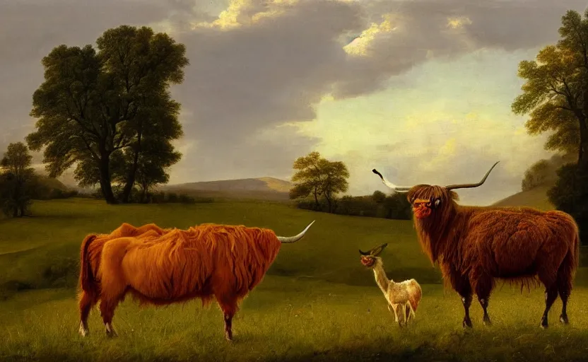 Prompt: oil painting by george stubbs of a highland cow and a llama in a meadow at dawn.