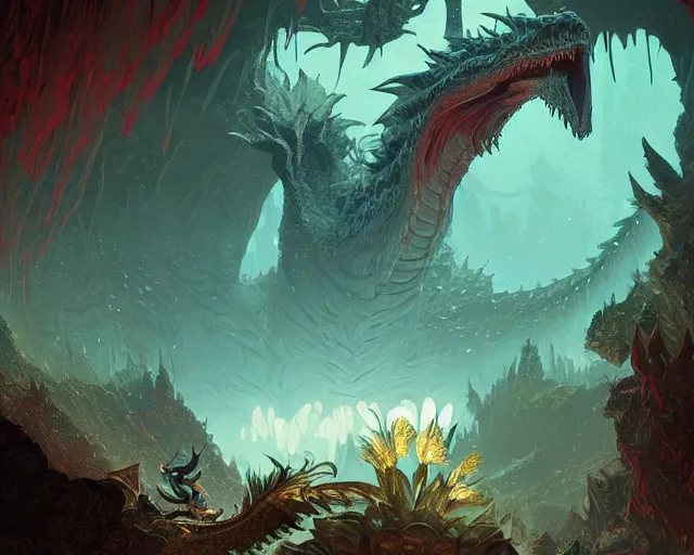 Prompt: Giant Dragon resting in a cave, natural light, dead plants and flowers, elegant, intricate, fantasy, atmospheric lighting, by Kilian Eng, Peter Morhbacher splash art,