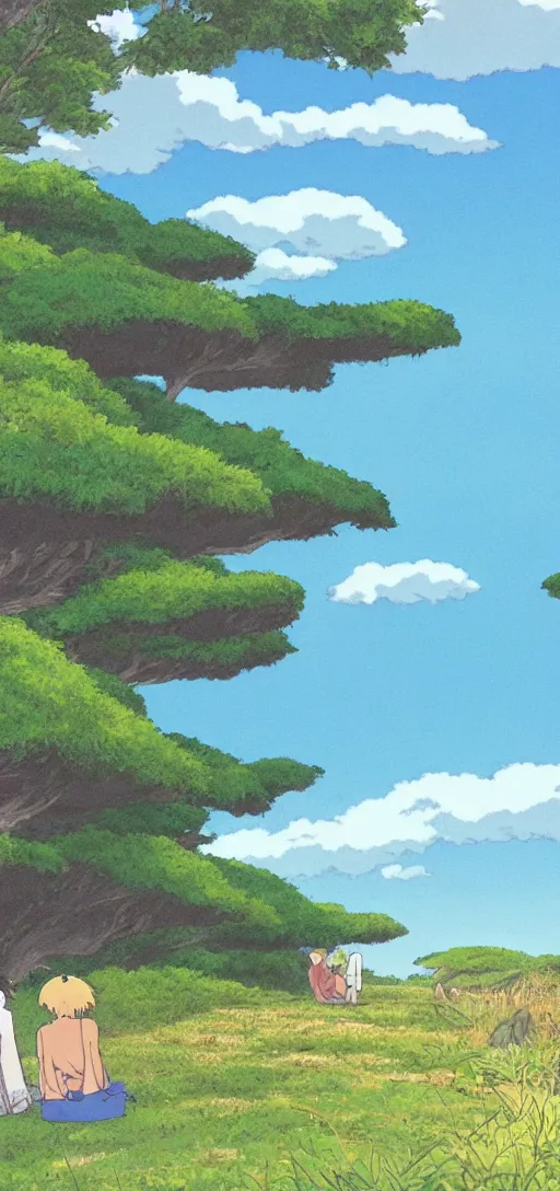 Image similar to rolling meadows next to an ocean by studio ghibli, peaceful, serene, beautiful