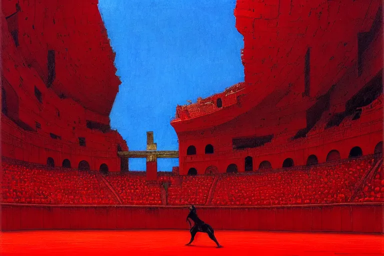 Image similar to only with red, a red gladiator in a crowded roman amphitheatre, crowd cheers him, in the style of beksinski, parts by edward hopper, parts by rodcenko, parts by yue minjun, intricate and epic composition, red by caravaggio, insane quality, highly detailed, masterpiece, red light, artstation