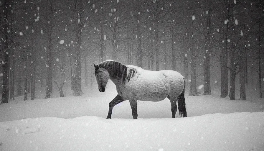 Image similar to 1 9 6 0 s movie still close up of marcus aurelius + horse frozen to death under the snown by the side of a river with gravel, pine forests, cinestill 8 0 0 t 3 5 mm b & w, high quality, heavy grain, high detail, texture, dramatic light, anamorphic, hyperrealistic, detailed hair, foggy