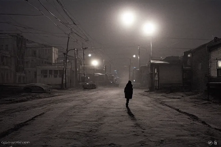 Prompt: an emty street of a city on the Moon called Noviy Norilsk, with a car at night with only by one street light, photo by Gregory Crewdson,