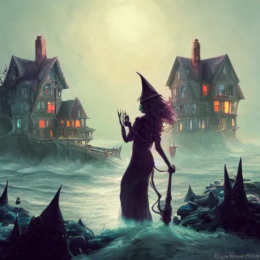 Image similar to realistic scary witches in front of a candy witch house, floating on the ocean, epic scene, fantasy, cinematic, hyper - detailed, in the style of greg rutkowski