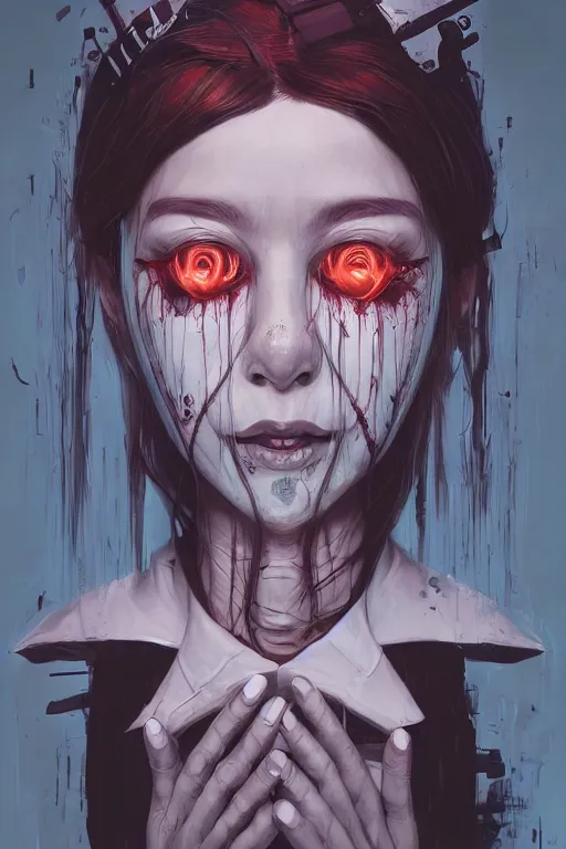 Image similar to cartoon portrait of a creepy horror nurse girl . intricate abstract. intricate artwork. nightmare fuel. terrifying. by Tooth Wu, wlop, dan mumford , trending on artstation, greg rutkowski very coherent symmetrical artwork. cinematic, hyper realism, high detail, octane render, 8k