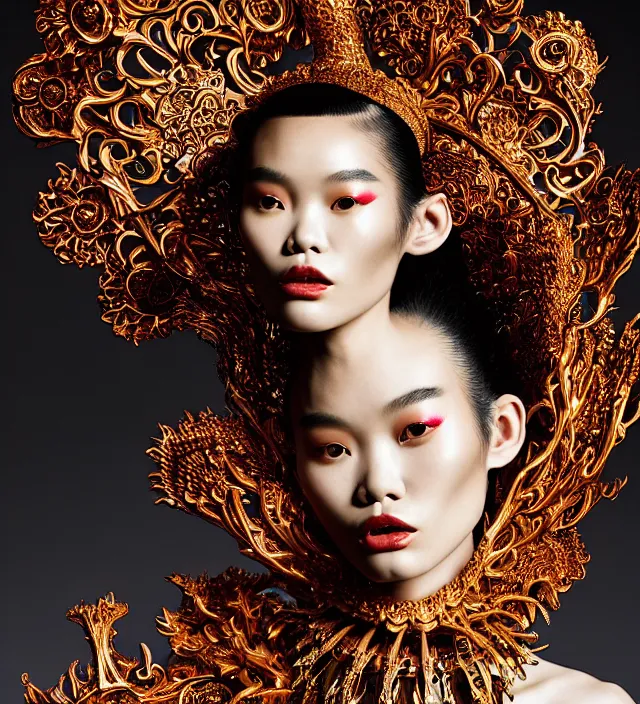 Image similar to photography american portrait of stunning model ming xi. great hair style, half in shadow, natural pose, natural lighing, rim lighting, wearing an ornate stunning sophisticated outfit made of of rigid and fluid well structured parts, created by iris van herpen, with a colorfull newbaroque makeup by benjamin puckey, highly detailed, skin grain detail, photography by paolo roversi