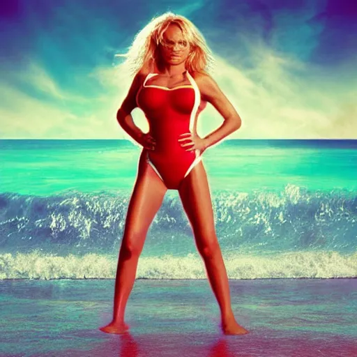 Image similar to surreal pamela anderson on baywatch beachside in chromatic distortions in mysterious place, beautiful, psychedelic, lsd, trending on artstation, artwork by Tran, Ross