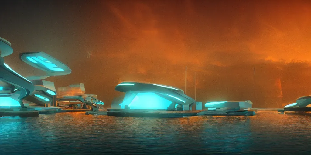 Image similar to underwater bioluminescent city, futuristic, advance technology, 3D render, teal and gold lights, establishing shot