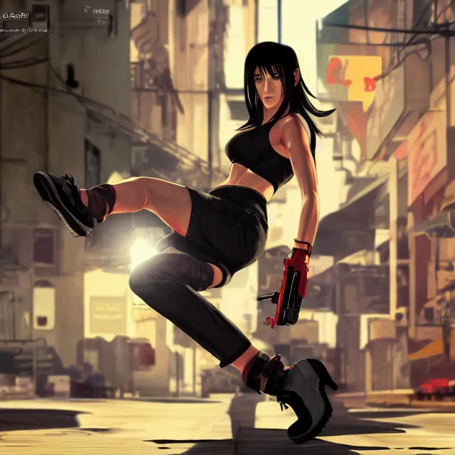 Image similar to Tifa Lockhart in GTA V, Cover art by Stephen Bliss, boxart, loading screen, full body