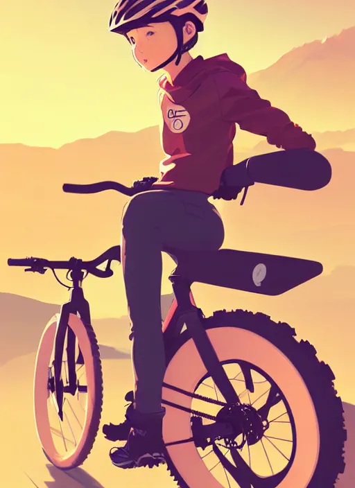 Prompt: portrait of girl riding electric mountain bike, sunny sky background, downhill landscape, illustration concept art anime key visual trending pixiv fanbox by wlop and greg rutkowski and makoto shinkai and studio ghibli and kyoto animation, symmetrical facial features, sports clothing, mountain bike helmet, backlit