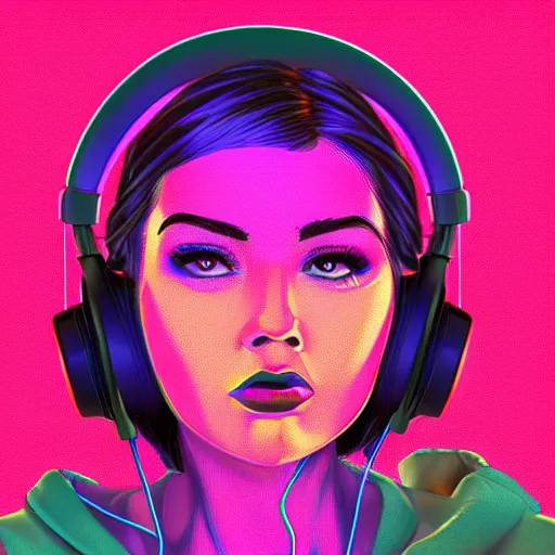 Prompt: animated synthwave girl wearing headphones, animated, trending on artstation, portrait