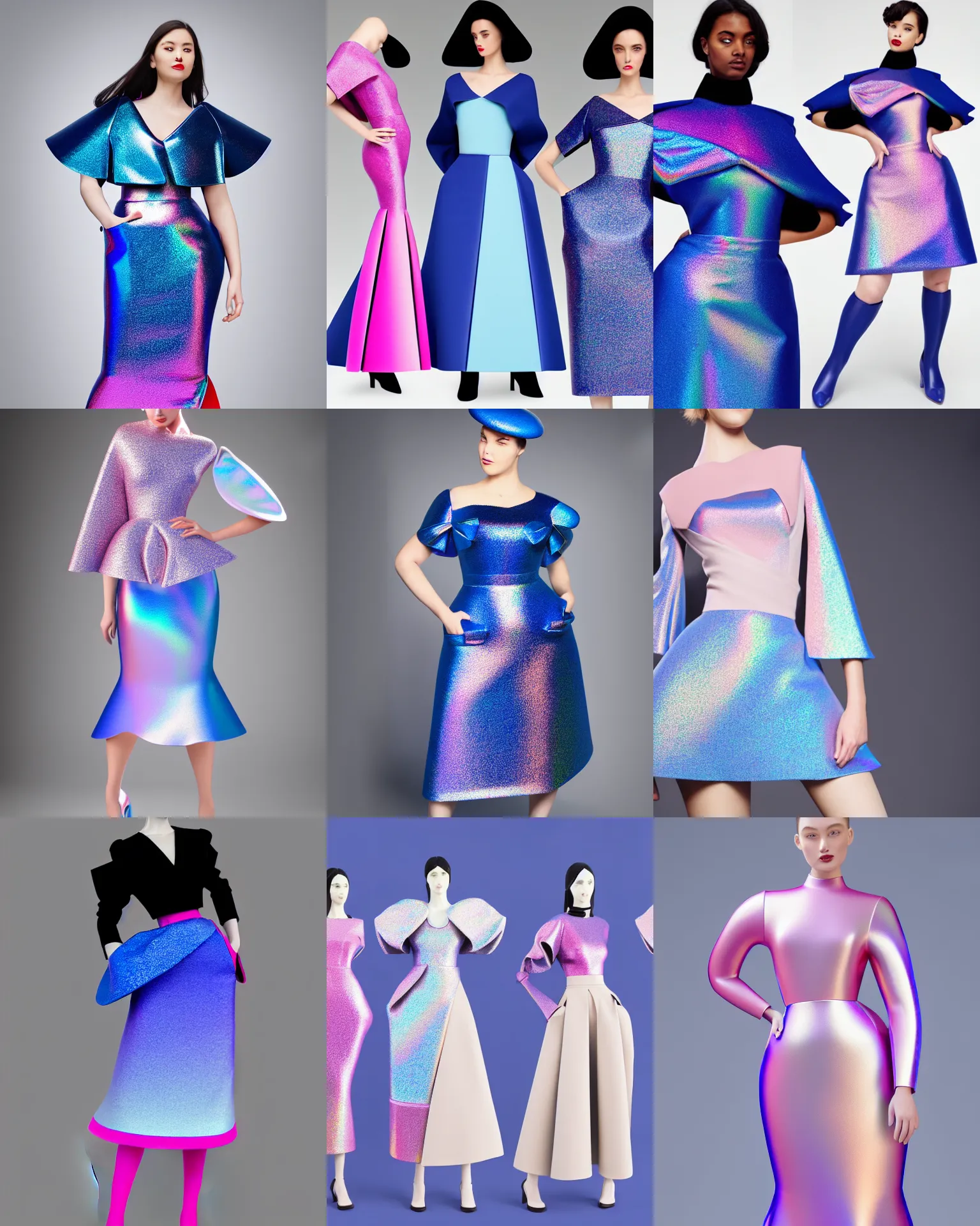 Prompt: designer figure collection ball shaped accordion sleeve haute couture, sailor uniform, midi skirt, coat, synthetic curves striking pose, dynamic folds, cute pockets, volume flutter, youthful, modeled by modern designer bust, body fit, award fashion, picton blue, petal pink gradient scheme, holographic tones, expert composition, professional retouch, editorial photography