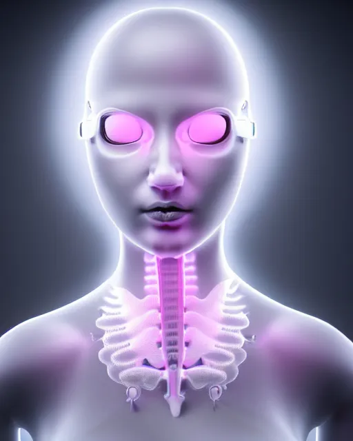 Prompt: white background, halo, dreamy foggy elegant soft luminous profile face 3 d render of a beautiful young baby pink biomechanical - female - cyborg with a delicate detailed black mandelbrot fractal texture skin and a very long neck with white gothic pearl embroidered collar, white smoke atmosphere, hg giger, 8 k
