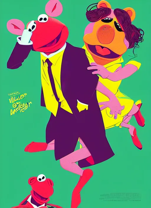 Prompt: poster artwork by Michael Whelan and Tomer Hanuka of The Muppet Show, Kermit the Frog and Miss Piggy doing the twist dance scene from the movie Pulp Fiction, pop art poster, vector art, posterized style, poster artwork by Michael Whelan and Tomer Hanuka