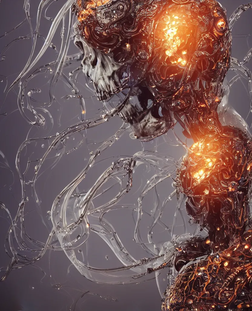 Prompt: close-up portrait of the face of a beautiful princess in a twisted skull glass mask spaceman suit, epic angle and pose, symmetrical artwork, 3d with depth of field, blurred background, cybernetic jellyfish female face skull phoenix bird, translucent, nautilus, energy flows of water and fire. a highly detailed epic cinematic concept art CG render. made in Maya, Blender and Photoshop, octane render, excellent composition, cinematic dystopian brutalist atmosphere, dynamic dramatic cinematic lighting, aesthetic, very inspirational, arthouse. y Greg Rutkowski, Ilya Kuvshinov, WLOP, Stanley Artgerm Lau, Ruan Jia and Fenghua Zhong