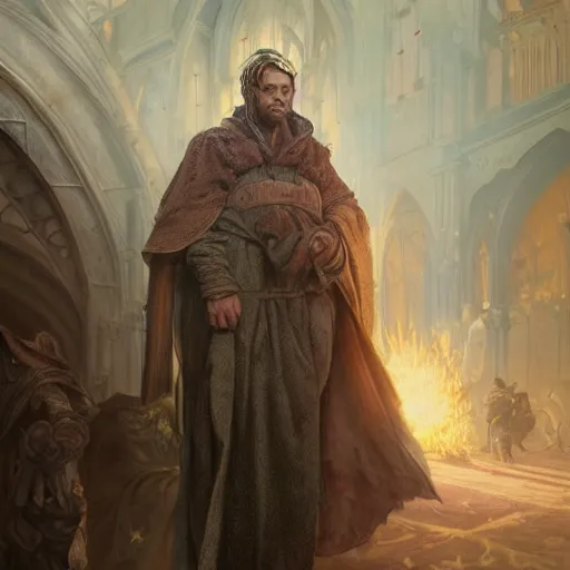 Image similar to highly detailed picture of a man with holes in his robes, religious man wearing clothes with huge rips, destroyed clothes, medieval background, mystic, d & d, fantasy, intricate, elegant, highly detailed, digital painting, artstation, concept art, smooth, sharp focus, illustration, art by artgerm and greg rutkowski and alphonse mucha