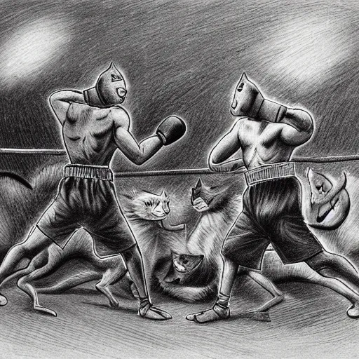 Image similar to cats fighting dogs and rats in a boxing match, detailed drawing, masterpiece