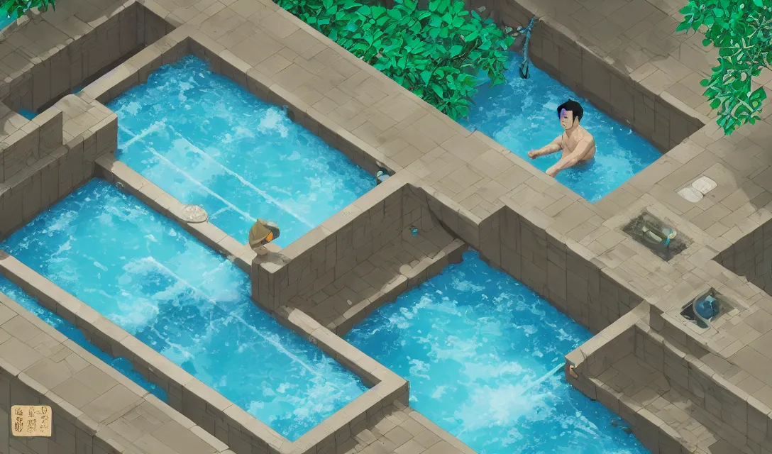 Prompt: Water plunge pool, using weighted vests, I watch the others go down, I don't want to do it myself, flat design, screen print by Kawase Hasui and dan hillier, 8k unreal engine