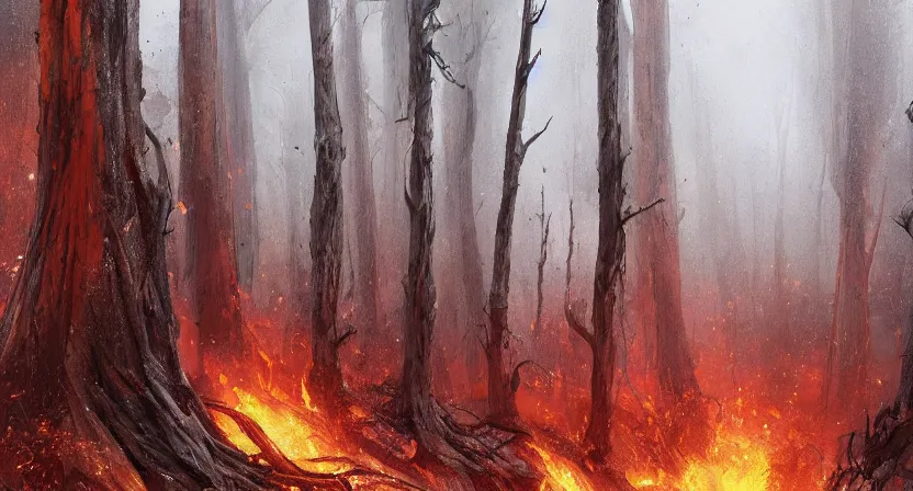 Image similar to a barren lifeless forest with burned trees concept art by Doug Chiang cinematic, realistic painting, high definition, very detailed, extremely high detail, photo realistic, concept art, red color palette, the Mandalorian concept art style