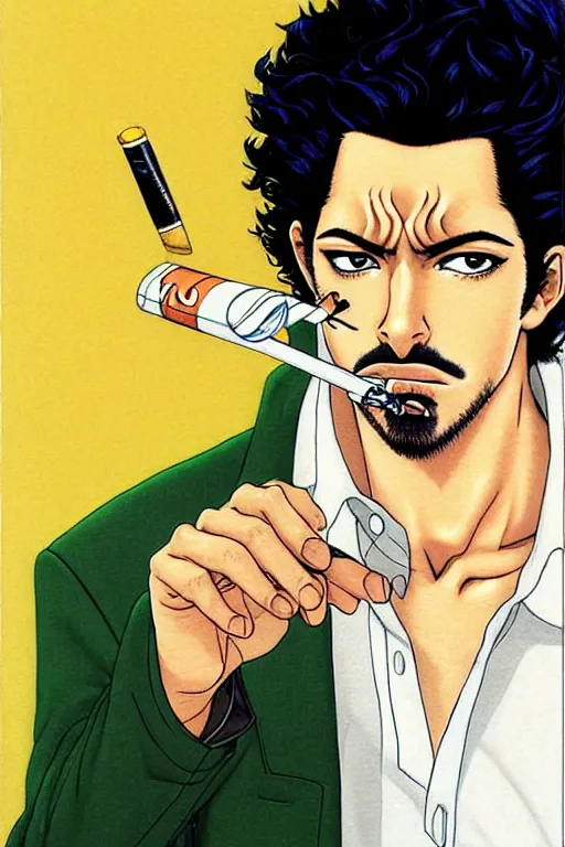 Image similar to handsome!! hyper realistic man with curly black hair, tan skin, green eyes, anchor goatee, smoking a cigarette | art by hirohiko araki & jean giraud