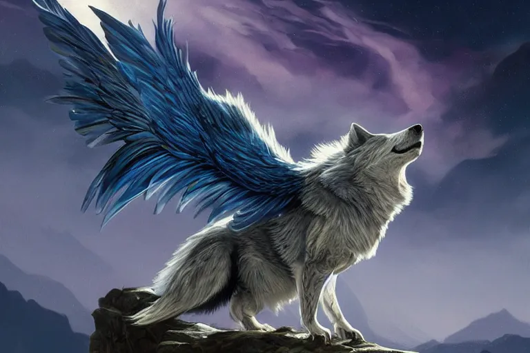 Image similar to Blue feathered wolf with wings on a beautiful fantasy landscape, hills, mountains, moonlit, HD, illustration, epic, D&D, fantasy, intricate, elegant, highly detailed, digital painting, artstation, concept art, smooth, sharp focus, illustration, art by artgerm and greg rutkowski and alphonse mucha