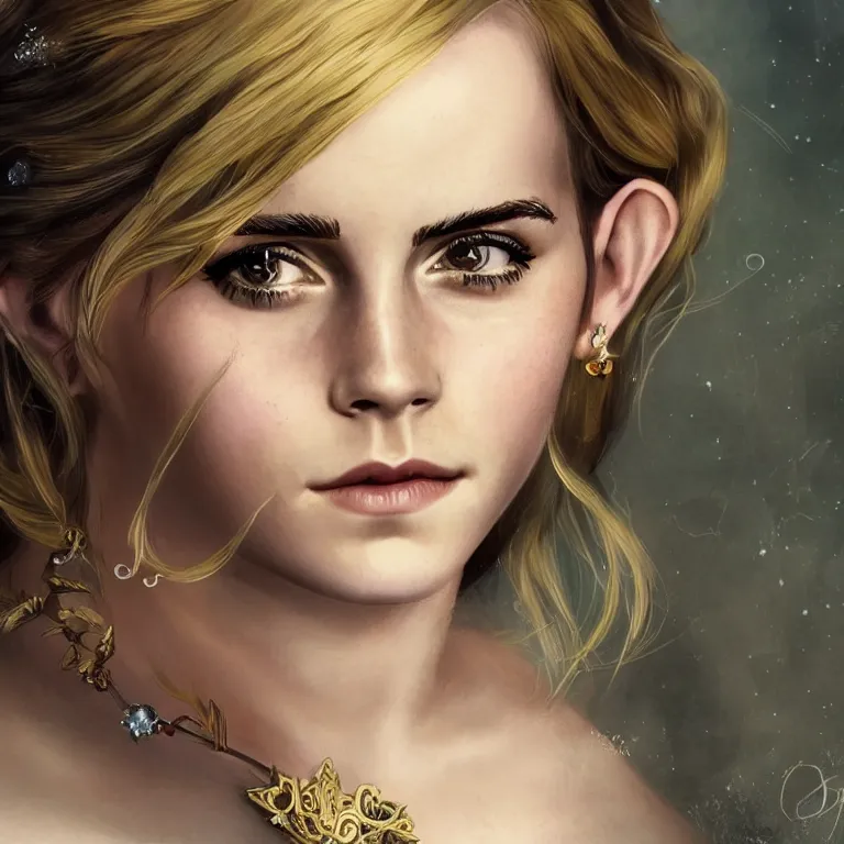 Image similar to emma watson a fantasy portrait of a beautiful noble elf princess with blonde hair and regal jewellry by bowater, symetrical, elegant, 4 k, charlie