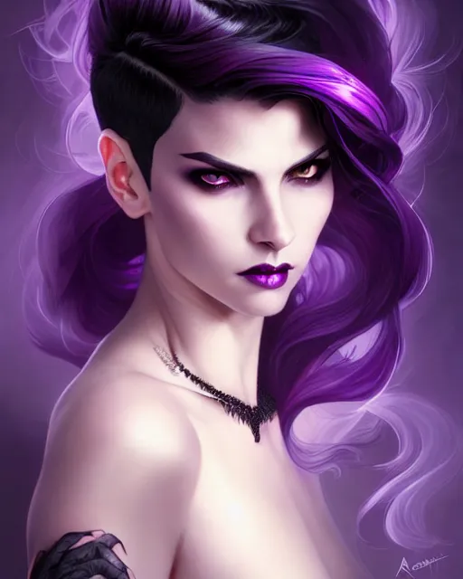Prompt: portrait sexy attractive magic female, dark supervillain, dragon scales, pixie undercut hairstyle, black to purple fade hairstyle, fantasy magic, minimal light night, intricate, elegant, sharp focus, illustration, highly detailed, digital painting, concept art, matte, art by Artgerm and Greg Rutkowski and Alphonse Mucha, masterpiece, Refined, upscaled